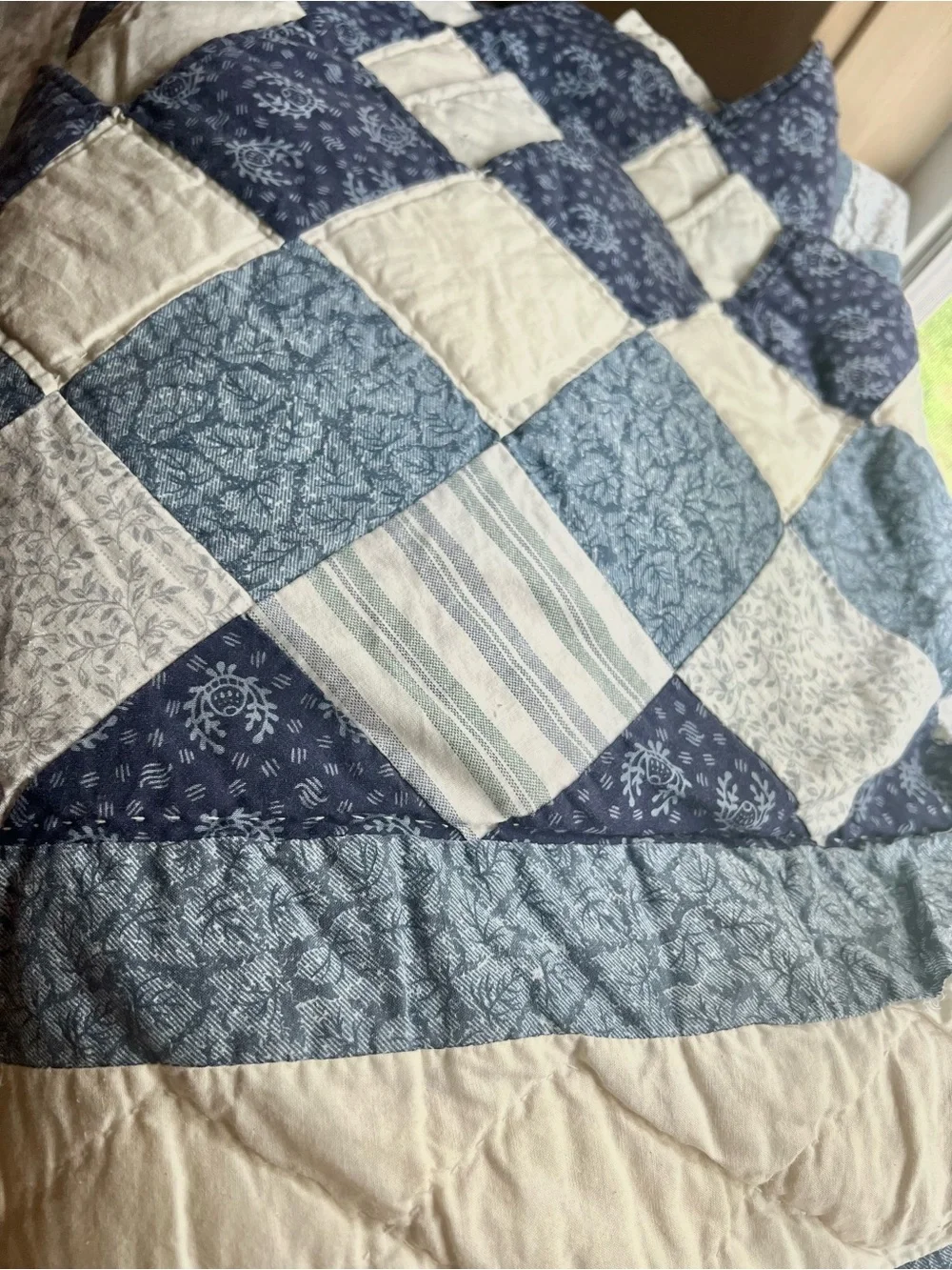 Handmade Patchwork Cotton Quilt in Blue and White